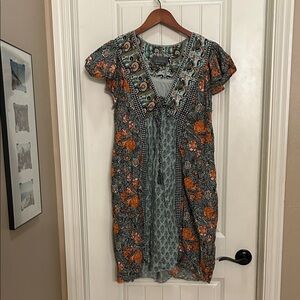 Anthropologie Gray and Orange Small Floral Midi Dress
